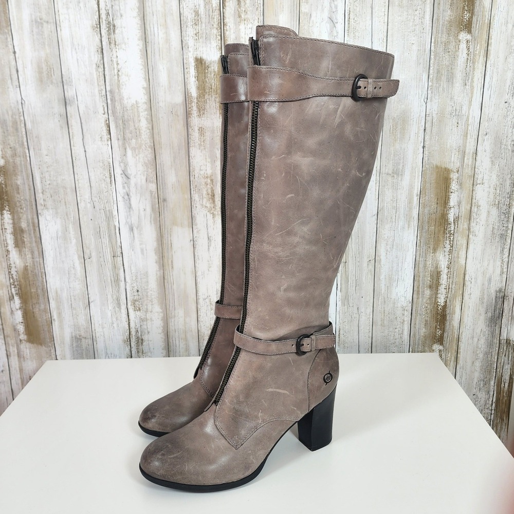 Born BOC Gemini Tall Distressed Leather Boots Sz 8.5 Gray Zip Buckle High Heel - Picture 9 of 16